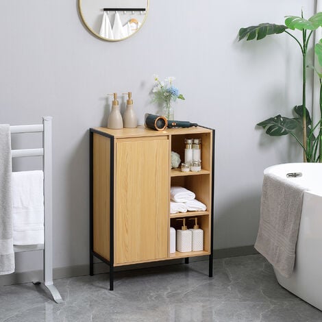 kleankin Armario de Baño de Pared con 3 Estantes Abiertos y 1 Puerta Mueble  Auxiliar Suspendido Moderno 48x20x50 cm Gris