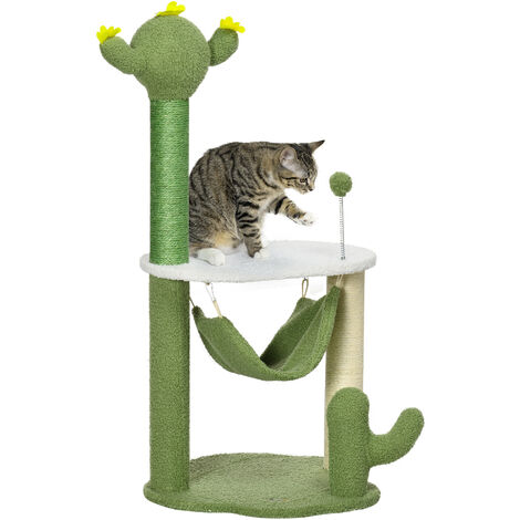 PawHut árbol rascador para gatos con forma de cactus altura 90 cm torre para gatos con hamaca Plataforma Postes de Sisal y Bola Divertida 45x45x90 cm