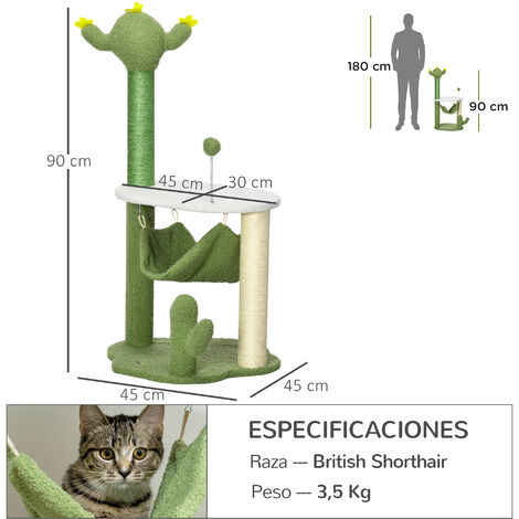 PawHut árbol rascador para gatos con forma de cactus altura 90 cm torre para gatos con hamaca Plataforma Postes de Sisal y Bola Divertida 45x45x90 cm