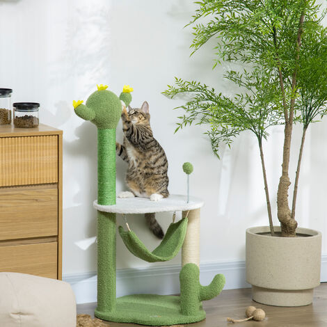 PawHut árbol rascador para gatos con forma de cactus altura 90 cm torre para gatos con hamaca Plataforma Postes de Sisal y Bola Divertida 45x45x90 cm