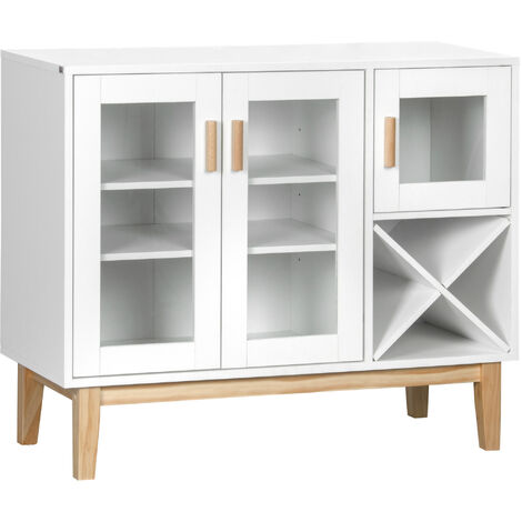 HOMCOM aparador de cocina con 3 puertas de vidrio y botellero en forma x para 4 botellas mueble buffet auxiliar estilo moderno antivuelco 90x37x75 cm