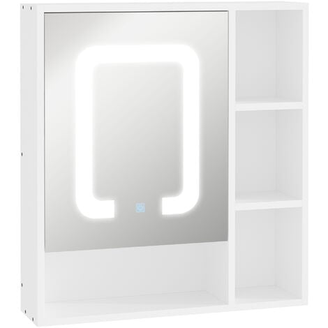 kleankin Armario con espejo de baño con luz LED armario de baño colgante  con puerta 4 estantes abiertos e interruptor táctil estilo moderno  60x15x65cm