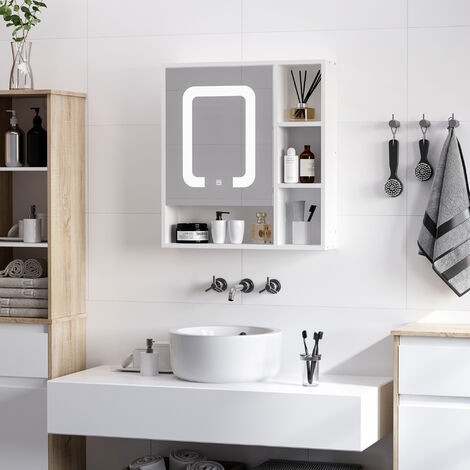 kleankin Armario con espejo de baño con luz LED armario de baño colgante  con puerta 4 estantes abiertos e interruptor táctil estilo moderno  60x15x65cm