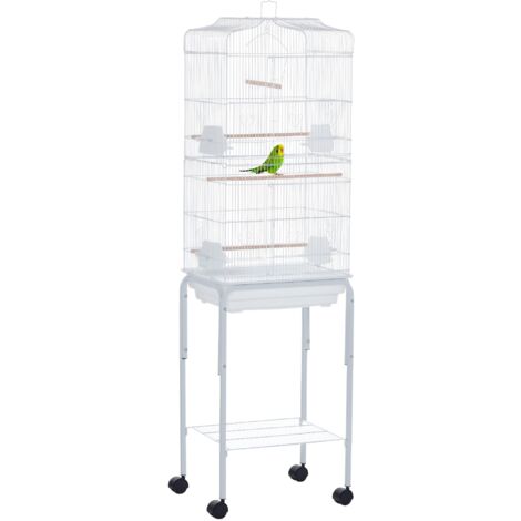 PawHut jaula para pájaros con ruedas 46,5x36x157 cm jaula metálica de aves con puertas 4 comederos 3 perchas bandeja extraíble y estante de almacenaje