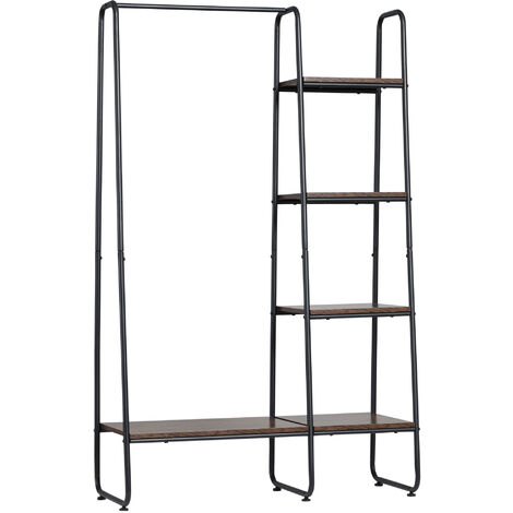 HOMCOM perchero de ropa de madera perchero multiusos con 5 estantes de almacenaje y barra para colgar para dormitorio estilo industrial 101x39x160 cm