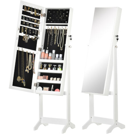 HOMCOM espejo joyero de pie armario de joyería con 3 ángulos ajustables cerradura magnética organizador de joyas con estantes ranuras 46x36,5x151,5 cm