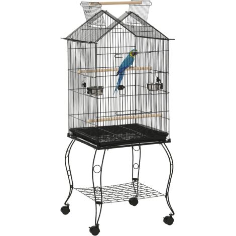 PawHut jaula para pájaros 50x58x145 cm pajarera metálica con 3 puertas 2 comederos 3 perchas bandeja extraíble estante abierto y 4 ruedas