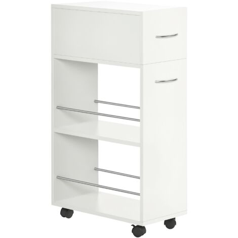 HOMCOM carrito de cocina carrito verdulero con 1 cajón y 2 estantes abiertos carro auxiliar con ruedas para comedor salón baño 25x50x85 cm blanco