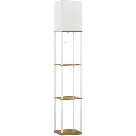 HOMCOM lámpara de pie moderna con estantes lámpara de pie para salón casquillo E27 max. 40W con pantalla de tela e interruptor 26x26x159 cm blanco