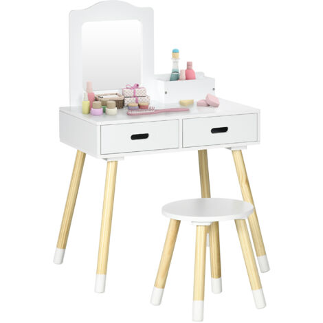 ZONEKIZ tocador para niñas tocador de madera infantil con taburete y espejo centro de belleza con 2 cajones juguete para niñas de 3-6 años 60x40x95 cm