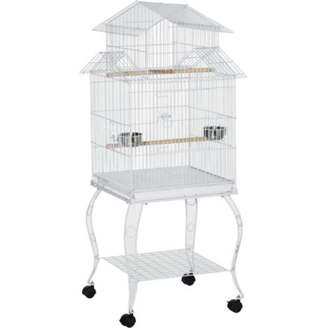 PawHut jaula para pájaros con ruedas jaula grande con soporte 50x49x137 cm con bandeja extraíble puertas comederos perchas y estante inferior