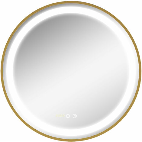 kleankin espejo de baño con luz LED Ø60x4cm espejo redondo interruptor táctil 3 luces ajustable visualización de temperatura hora función de memoria