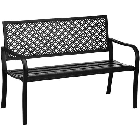 Outsunny banco de jardín de acero banco exterior de 2 plazas con respaldo decorativo estampado para terraza balcón patio carga 240 kg 127x63x83 cm