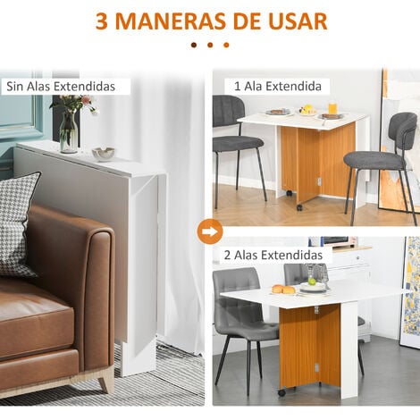 HOMCOM Mesa Plegable con 2 Alas Abatibles Mesa Auxiliar de Madera para  Comedor Cocina Salón 104x76x73,7 cm Blanco