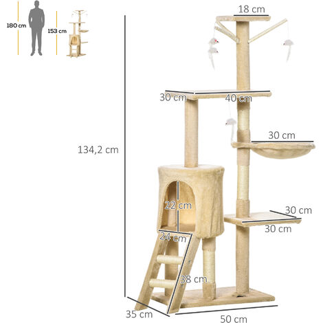 Árbol para gatos Rascador Grande 50x35x134,2 cm con Nidos Plataformas Casetas Ratón de Juego Cubierto de Felpa