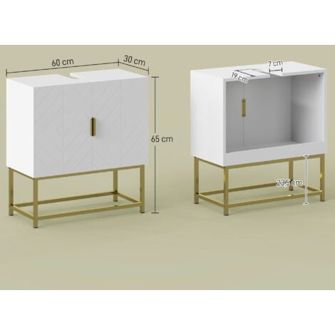 kleankin mueble para debajo del lavabo armario para lavabo de baño moderno armario bajo con 2 puertas y patas de acero dorado 60x30x65 cm blanco