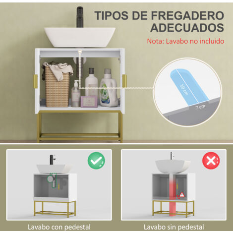 kleankin mueble para debajo del lavabo armario para lavabo de baño moderno armario bajo con 2 puertas y patas de acero dorado 60x30x65 cm blanco