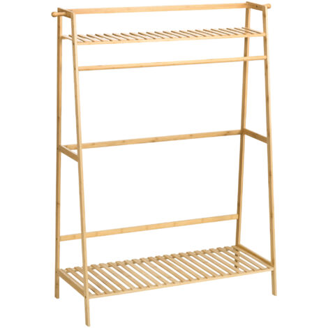 HOMCOM perchero de pie de bambú perchero para ropa con 2 estantes de almacenaje 2 ganchos laterales y barra colgante para dormitorio 114x40x139 cm