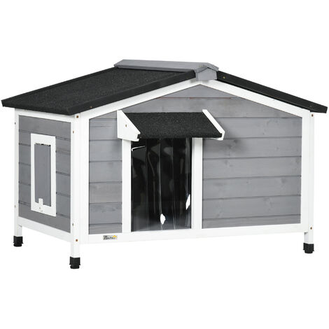 Caseta para perros de exterior casa para perros de madera con techo asfáltico abatible 2 ventanas puerta con cortina y base extraíble 97x72x65 cm gris