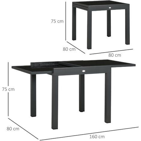 Outsunny Mesa de Jardín Extensible de Aluminio Mesa de Comedor Rectangular  con Encimera de Vidrio Templado Carga 50 kg para Terraza 80-160x80x75 cm  Negro : : Jardín