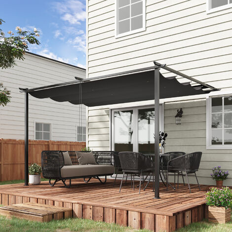 Outsunny Pérgola de Pared de Jardín 4x3 m Gazebo Exterior Cenador con Techo Retráctil Tela de Poliéster y Marco de Acero para Patio Terraza Balcón