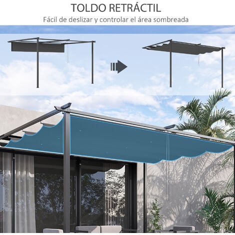 Outsunny Pérgola de Pared de Jardín 4x3 m Gazebo Exterior Cenador con Techo Retráctil Tela de Poliéster y Marco de Acero para Patio Terraza Balcón