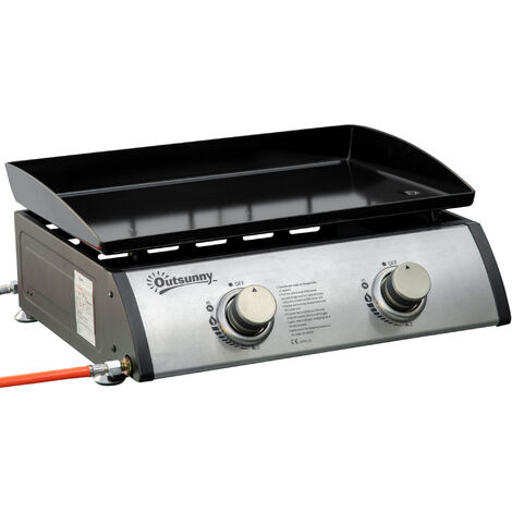 Outsunny plancha de gas sobremesa con 2 quemadores de acero inoxidable 6 kW barbacoa portátil con plancha para jardín picnic camping 48,5x46x21 cm