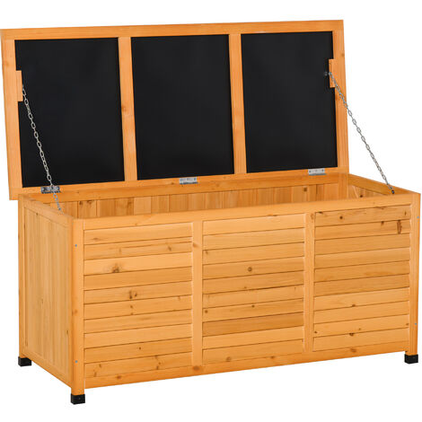 Outsunny baúl de madera exterior caja de almacenamiento de jardín con tapa abrible y diseño persiana 127x56x60 cm natural (1/5)