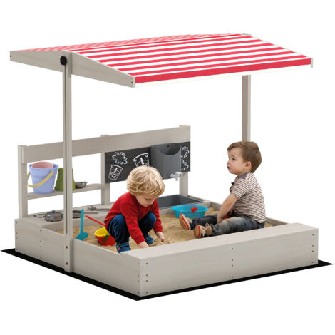 Outsunny arenero de madera para niños con techo regulable arenero infantil con juguetes de cocina y banco juego para niños de 3-7 Años 114x110x110 cm