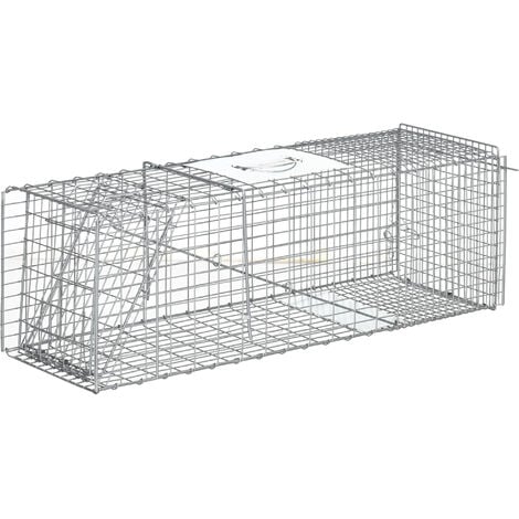 Outsunny trampa para animales vivos plegable 93x31x34,5 cm jaula de captura  de alambre con puerta y asa para conejos gatos ratas roedores plata