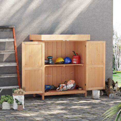 Mcombo Armario de almacenamiento de madera para exteriores, cobertizo de  herramientas de madera de jardín de tamaño pequeño con puertas dobles