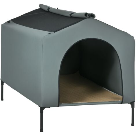 PawHut caseta para perros con cubierta exterior 130x85x95 cm cama elevada para mascotas con cojín y ventanas de malla enrollable para perros grandes