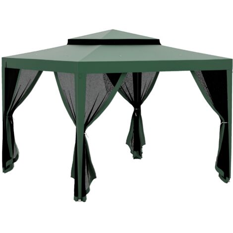 Carpa de jardín 3x3 m cenador desmontable de exterior con 4 mosquiteras laterales techo doble y marco metálico para terraza patio verde