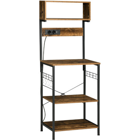 HOMCOM estantería de cocina estantería para microondas con toma de corriente 2 cargadores usb 5 ganchos y estante ajustable 60x42x153cm marrón rústico