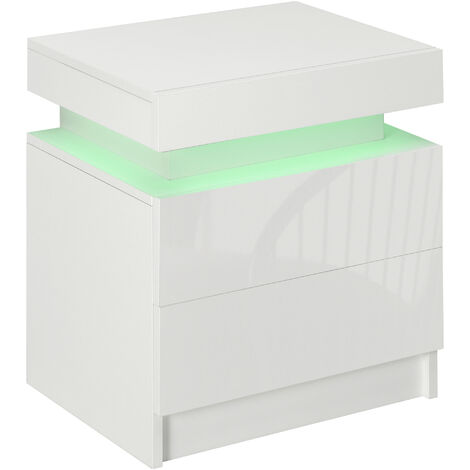 HOMCOM mesita de noche blanca con luz led mesilla de noche frontal de alto brillo con 2 cajones y mando a distancia para salón dormitorio 45x35x52 cm