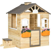 Outsunny casa de jardín infantil de madera casa de juegos exterior para niños de 3 -7 años con ventanas 2 jardineras y 1 banco 113x94x134,5cm