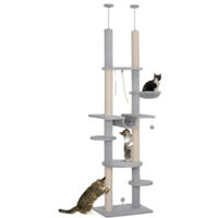 Árbol para gatos de suelo a techo 225-255 cm rascador para gatos de 7 niveles con hamacas plataformas juguete de cuerda bola de juguete gris