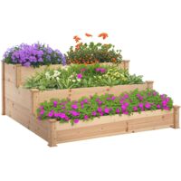 Outsunny jardinera exterior grande de madera de 3 niveles con diseño de escalera para cultivos plantas flores para terraza 120x120x56 cm natural