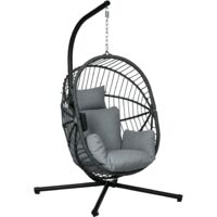 Outsunny silla colgante huevo con soporte columpio jardín exterior con cesta plegable cojín y reposacabezas para interior y exterior carga 120 kg gris