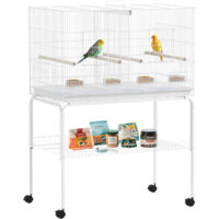 PawHut jaula para pájaros con divisor jaula con ruedas para mascota aves loros canarios con comederos perchas y bandeja extraíble 94x57x128 cm blanco