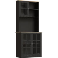 HOMCOM alacena de cocina, mueble auxiliar de cocina, 3 puertas de vidrio, encimera abierta para microondas, estantes ajustables, 80x37x183 cm, negro
