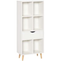 Librería estantería para libros con 1 cajón y patas de madera 6 compartimentos abiertos de almacenaje plantas archivos 50x29,5x120 cm