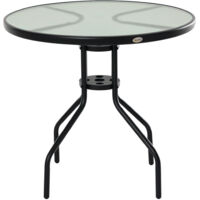 Mesa de Jardín Redonda Mesa Comedor de Cristal Templado con Agujero para Sombrilla y Estructura Metálica para Patio Terraza Balcón Exterior Ø80x72 cm