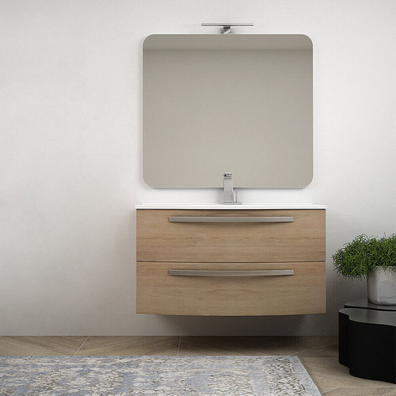 Mobile bagno curvo sospeso 100 cm rovere tabacco lavabo in ceramica