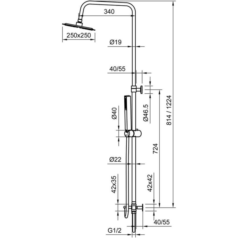 Colonna doccia regolabile in acciaio con deviatore integrato doccetta  monogetto e soffione quadrato ultraslim 20X20 cm