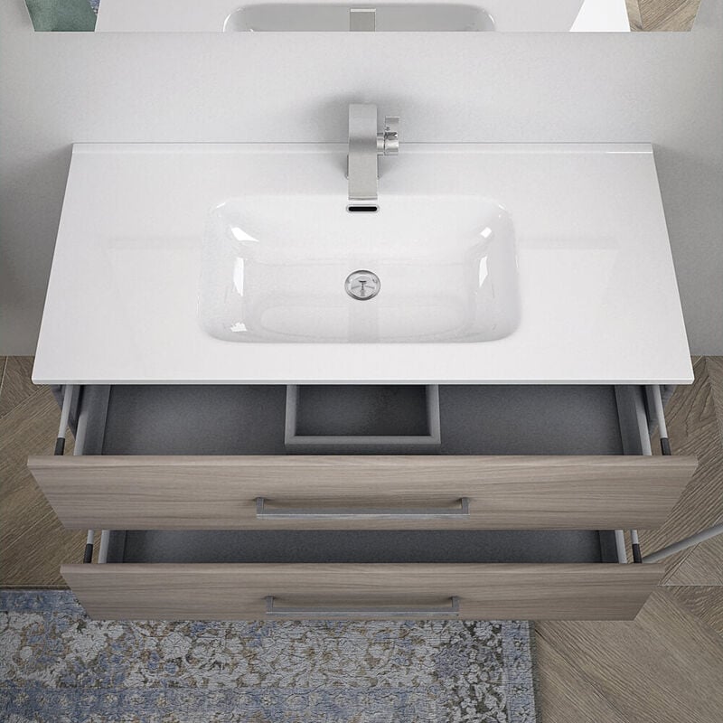 Composizione da bagno sospesa moderna 100 cm finitura larice con colonna  specchio applique LED cassettoni soft close