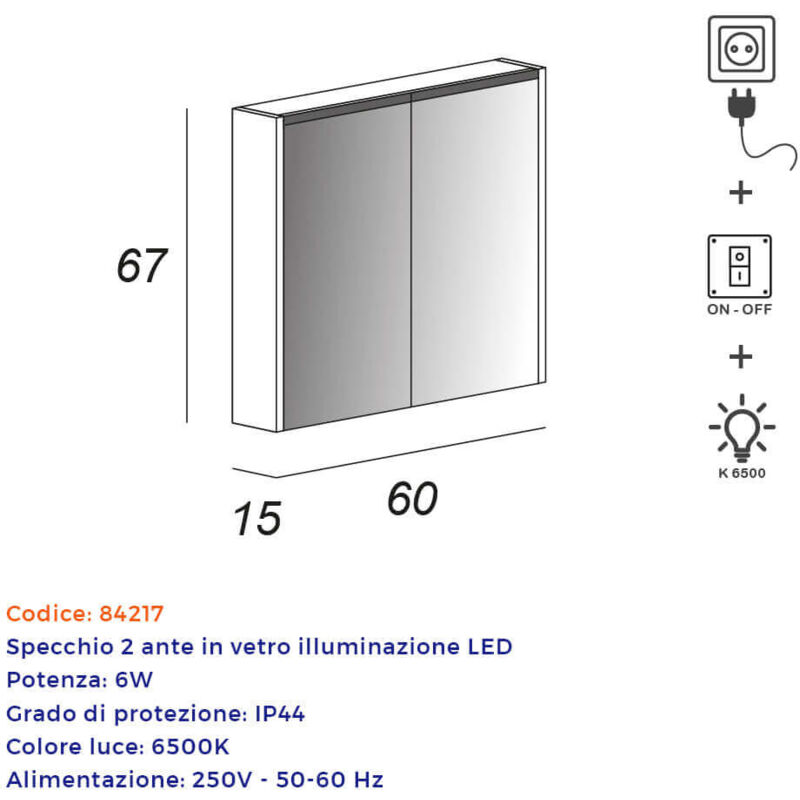 Specchiera 94x17 cm con due ante contenitore altezza 60 cm luce led presa e  interruttore modello