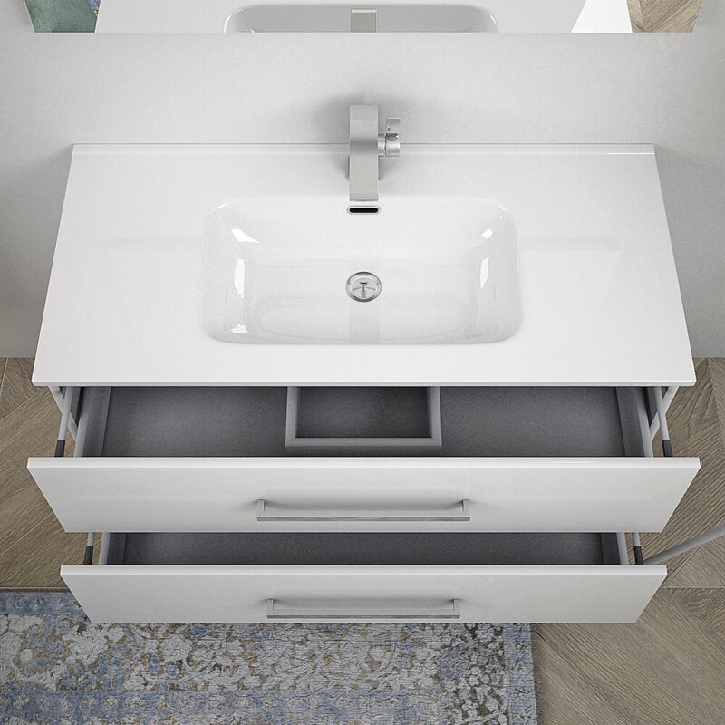 Mobile bagno bianco lucido sospeso moderno 100 cm con specchiera applique  LED cassettoni soft close e colonna