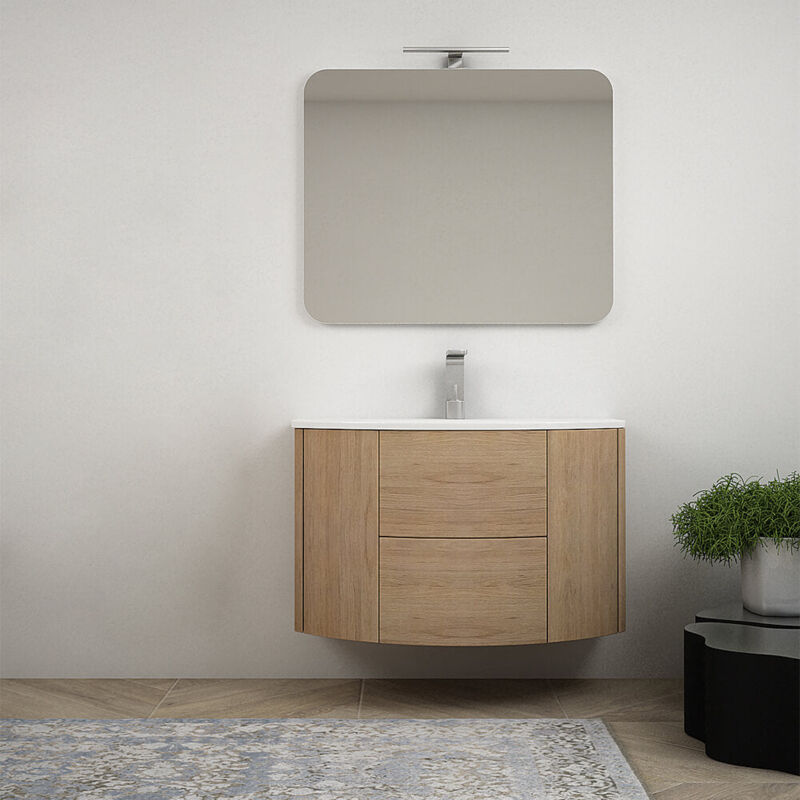 Mobile bagno sospeso 90 cm rovere tabacco con specchio LED e cassettoni  soft close