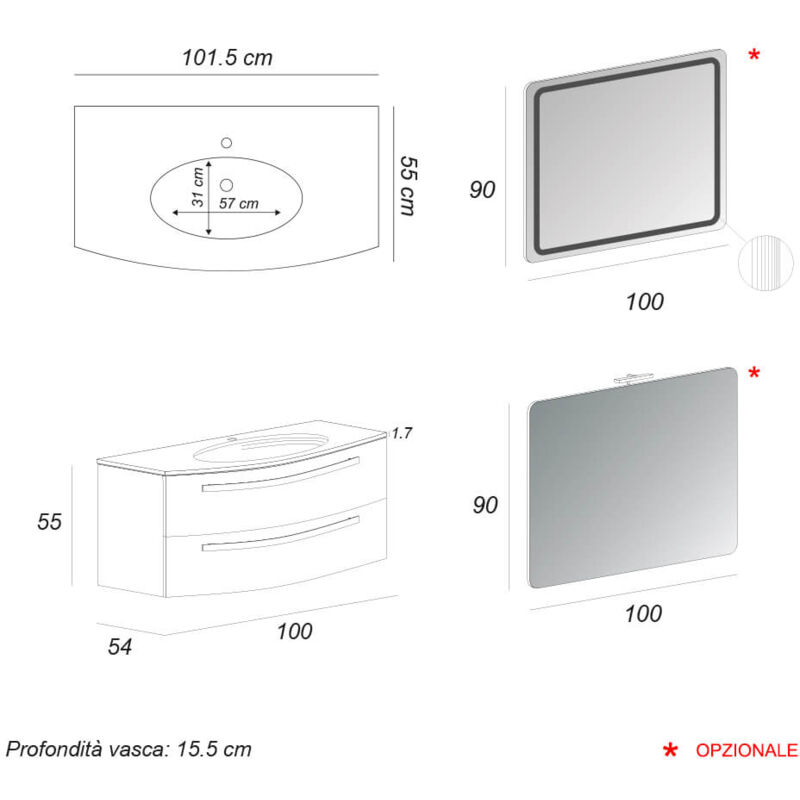 Mobile bagno curvo sospeso bianco lucido 100 cm con colonna specchio e  lavabo in ceramica Mod. Berlino, Arcshop